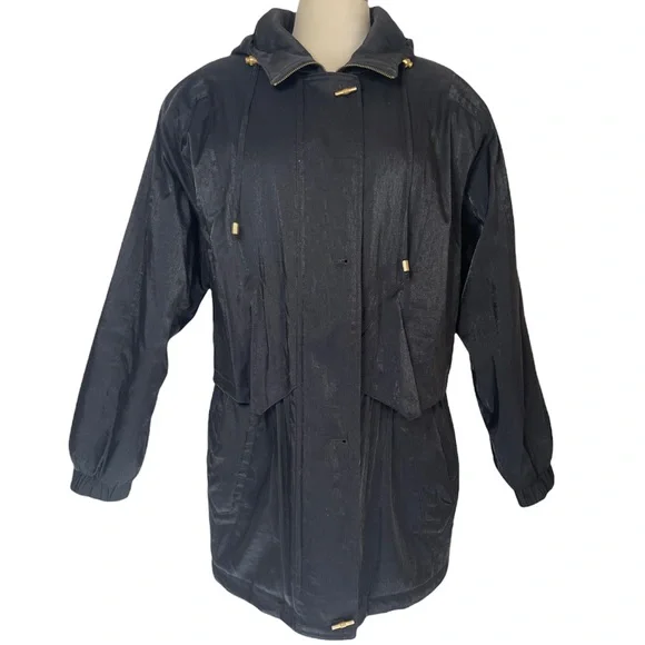 Black Hooded Jacket Warm Medium Weight Dressy Jacket Shimmer Black Fabric